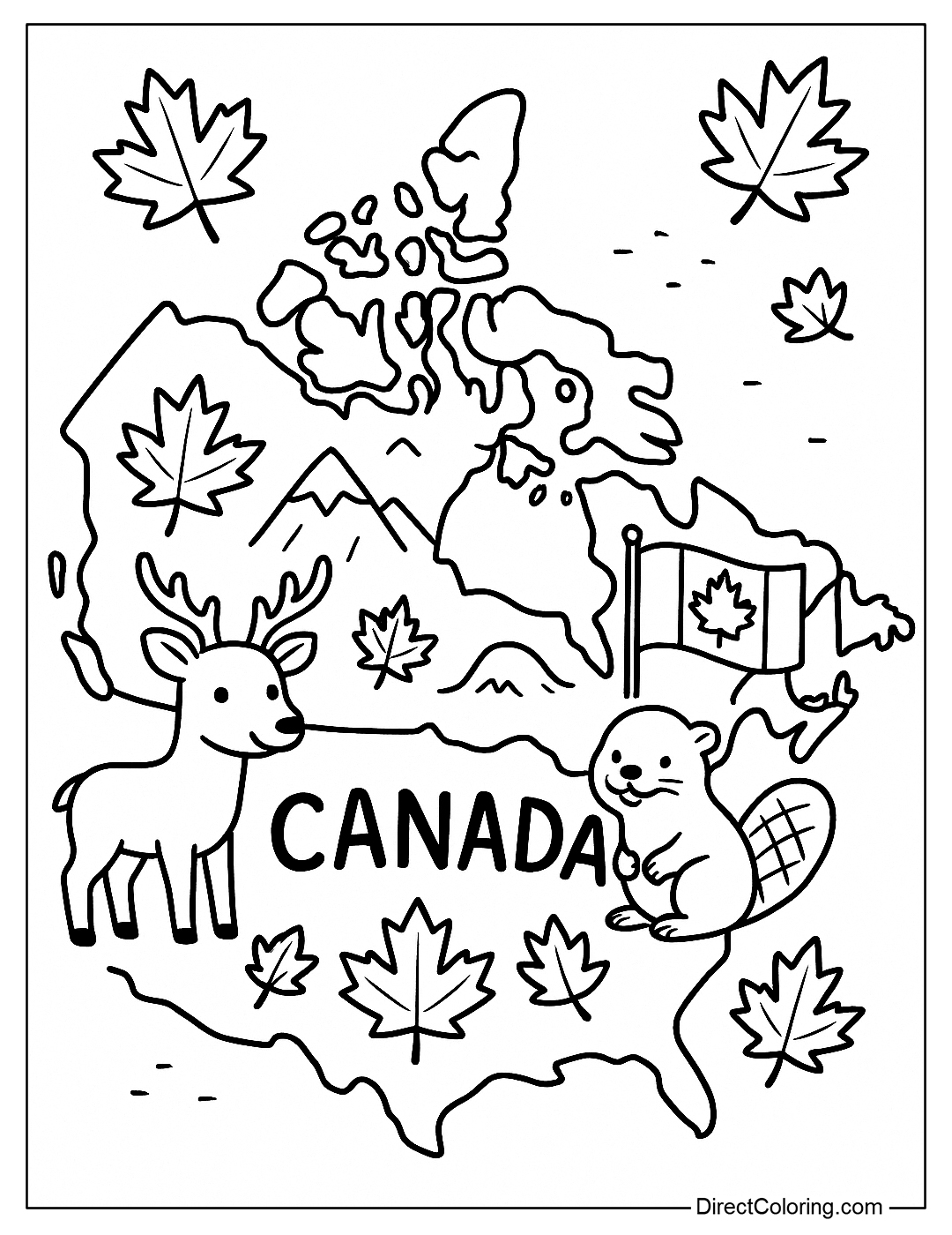 A stylized map of Canada, decorated with maple leaves, beavers, moose, flags and the Rocky Mountains.